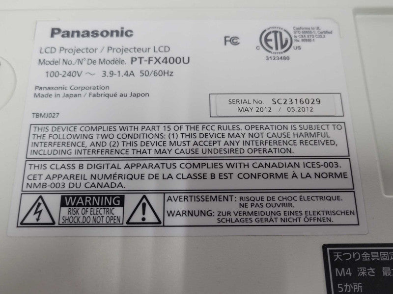Panasonic PT-FX400U FX400 XGA LCD Projector 1525 Lamp Hours, Remote controlle _