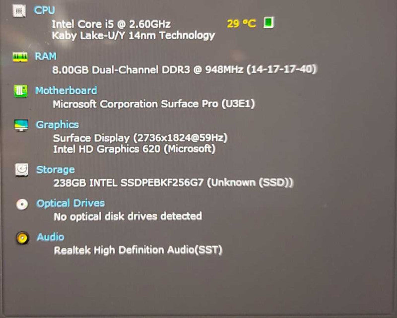 Microsoft Surface Pro 5 (1807), i5-7300U 2.60GHz, 8GB Ram, 256GB SSD