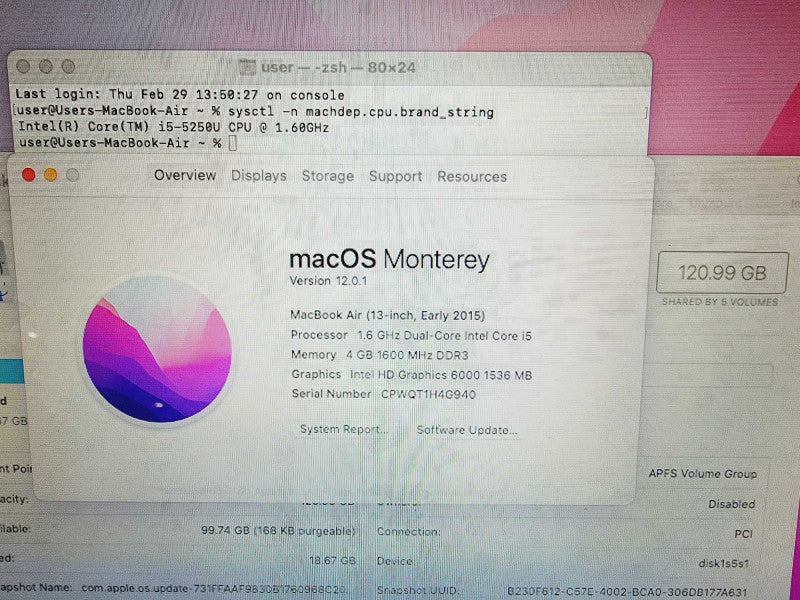 Apple Macbook Air 2015 13\\" Core i5-5250U @ 1.6GHz 4GB DDR3 120GB SSD (