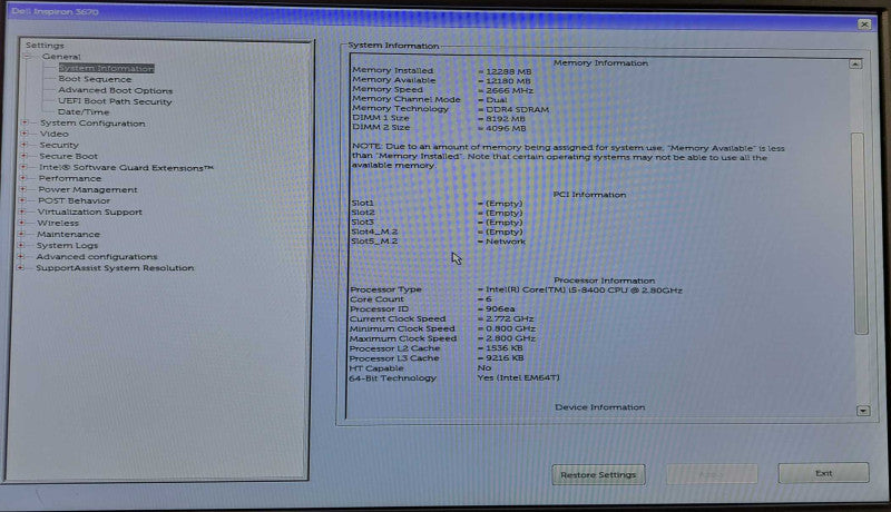 Dell Inspiron 3670 Tower Desktop | i5-8400 @ 2.80GHz 12GB DDR4 No HDD/OS )
