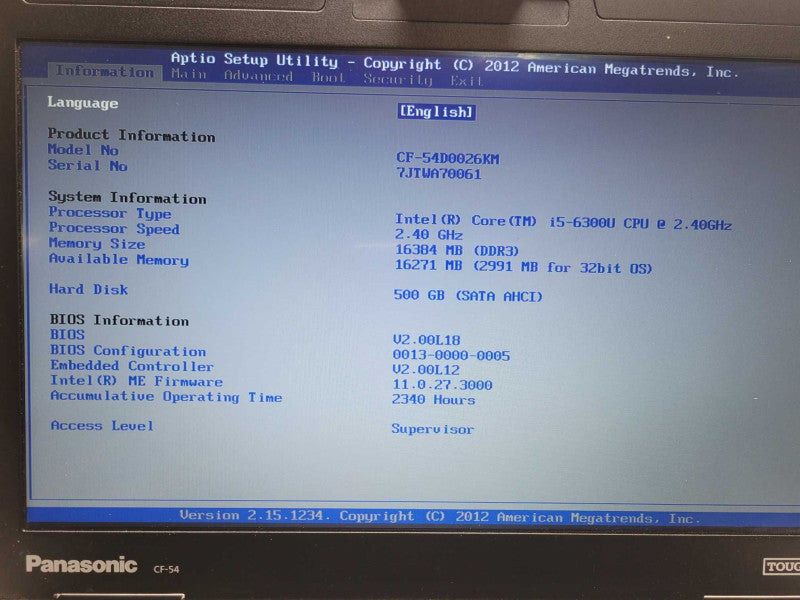 Panasonic CF-54 Core I5-6300U 2.4GHz, 16GB, 500GB, 2340 Hours, READ _