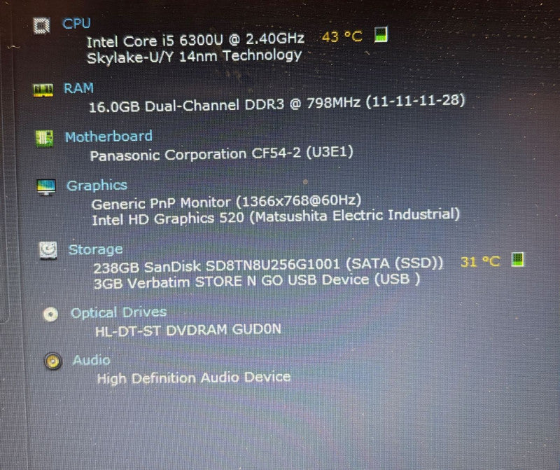 Panasonic ToughBook CF-54 Intel Core i5-6300U@2.4GHz 16GB RAM 256SSD 28310Hrs