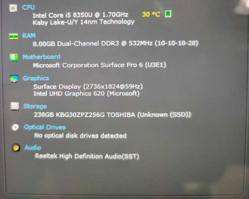 Microsoft Surface Pro 1796, i5-8350U 1.7GHz, 8GB, 256GB SSD, w/ PWR  _