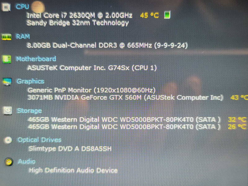 ASUS ROG G74S| i7-2630QM| 8GB DDR3| GTX 560M| 500GB HDD x2  Î²