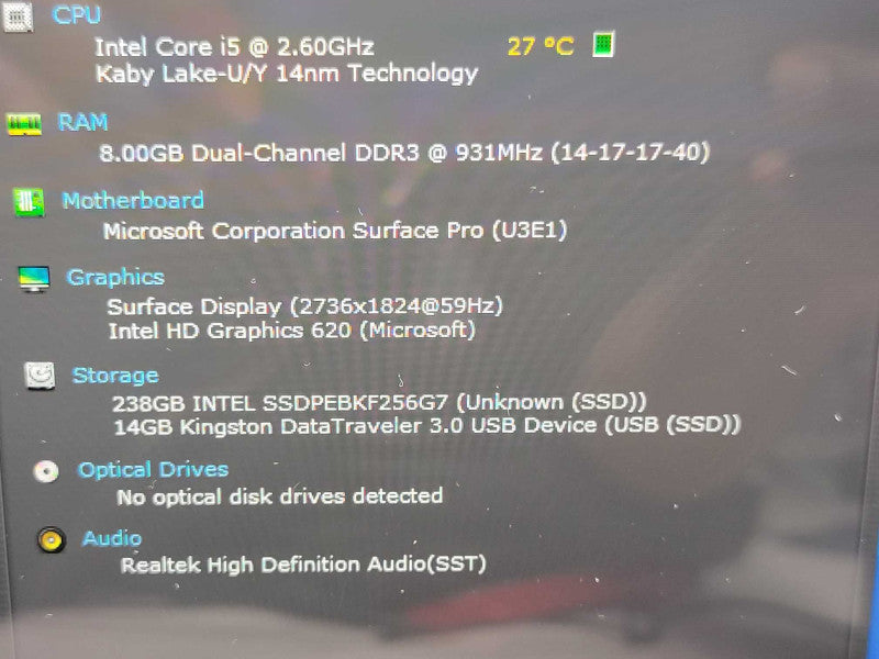 Microsoft Surface Pro 1807, Core i5-7300U 8GB DDR3 256GB SSD w/ Power, _