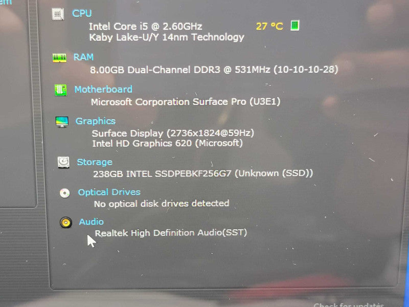 Microsoft Surface Pro 1807, Core i5-7300U 8GB DDR3 256GB SSD w/ Power, _