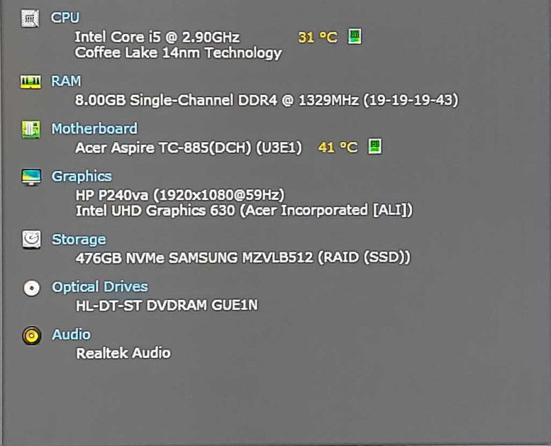 Acer Aspire TC-885, i5-9400 2.9GHZ, 8GB RAM, 512GB Nvme, BT, WiFi, READ