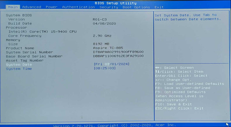 Acer Aspire TC-885, i5-9400 2.9GHZ, 8GB RAM, 512GB Nvme, BT, WiFi, READ