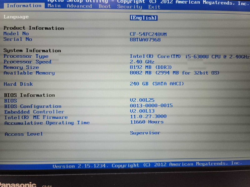 Panasonic ToughBook CF-54| i5-6300U| 8GB DDR4| 240GB SSD |11660   Hours Î²