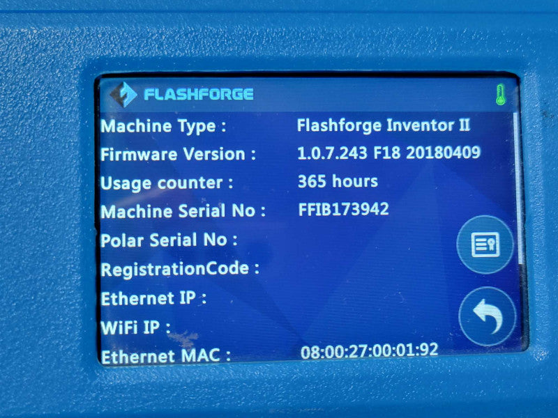 Flashforge Inventer II 3D Printer 365 Hours usage counter Factory reset READ _