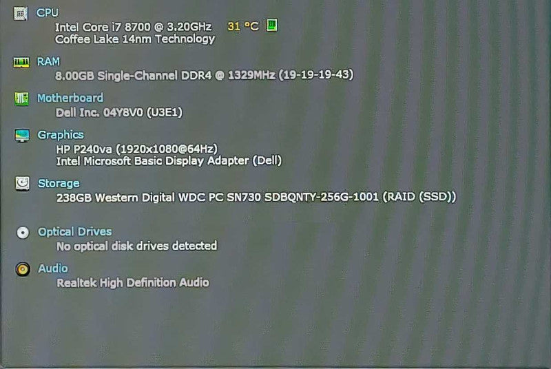 Dell OptiPlex 3060 SFF Desktop, i7-8700 3.20GHz, 8GB DDR4, 256GB NVMe