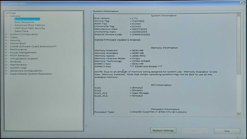 Dell OptiPlex 3060 SFF Desktop, i7-8700 3.20GHz, 8GB DDR4, 256GB NVMe
