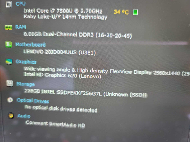 Lenovo ThinkPad X1 Yoga | i7-7500U| 8GB DDR3| 256GB SSD | NO BATTERY Î²
