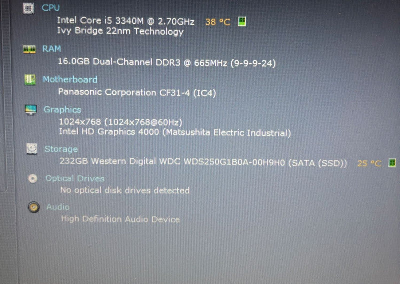 Panasonic ToughBook CF-31 TOUCH SCREEN i5-3340M@2.7GHz 16GB 250SSD 21290Hrs
