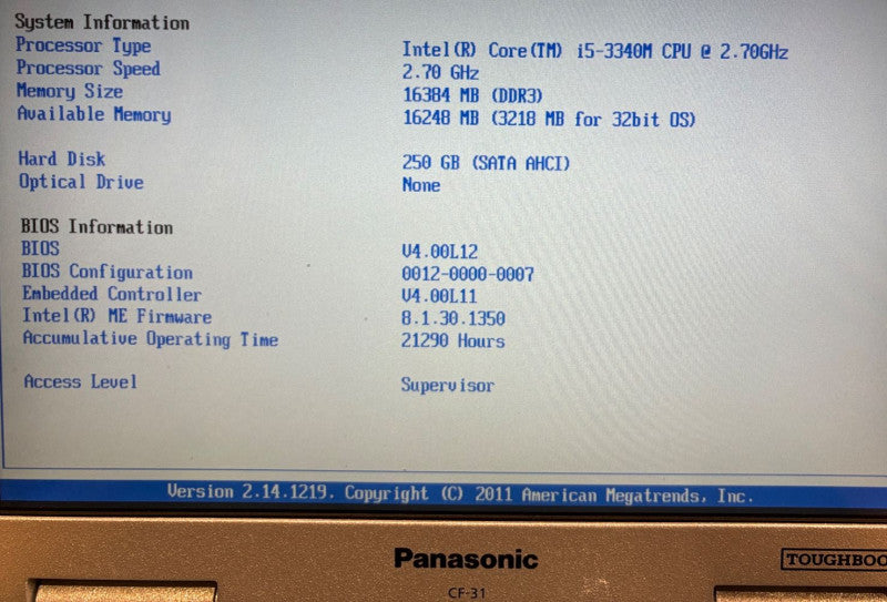 Panasonic ToughBook CF-31 TOUCH SCREEN i5-3340M@2.7GHz 16GB 250SSD 21290Hrs