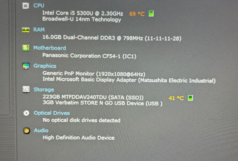 Panasonic ToughBook CF-54 TOUCH SCREEN i5-5300U 16GB RAM 240GB SSD 8450 Hours