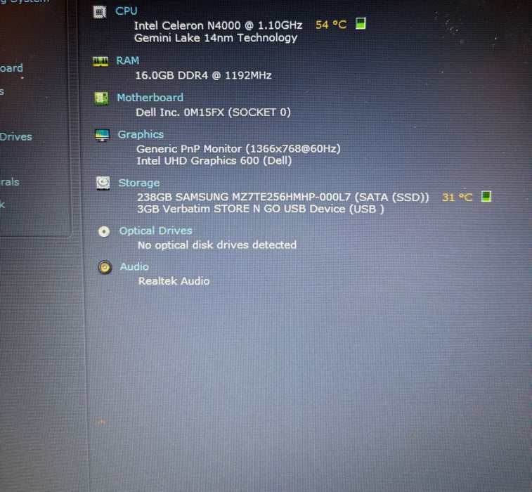 Dell Inspiron 3502 Intel Celeron N4020U@1.1GHz 16GB RAM 256GB SSD READ