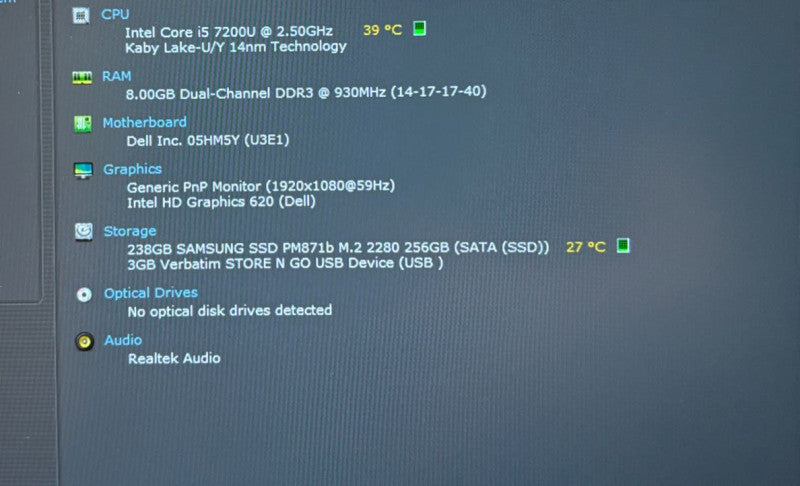 Dell XPS 13 9360 Intel core i5-7200U@2.7GHz 8GB RAM 256GB SSD
