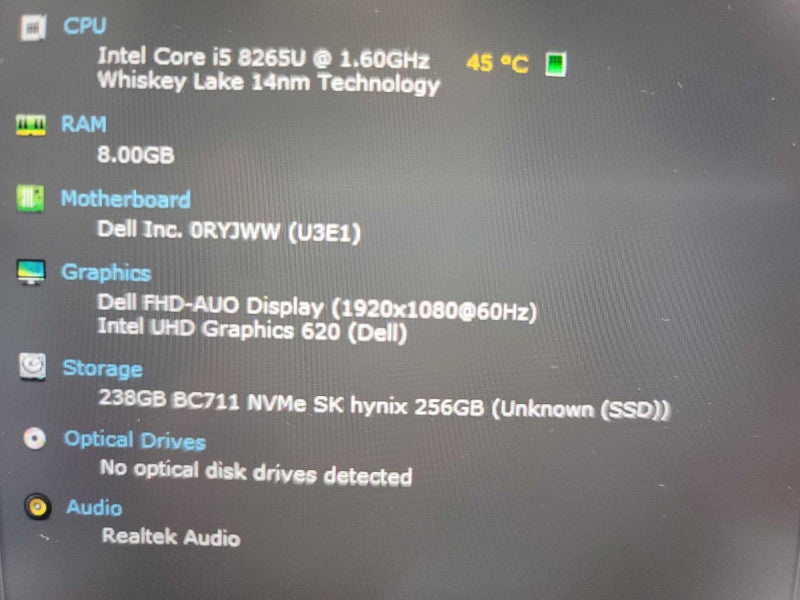 Dell XPS 13 9380 | i5-8265U| 8GB DDR3| 256GB SSD | NO BATTERY Î²