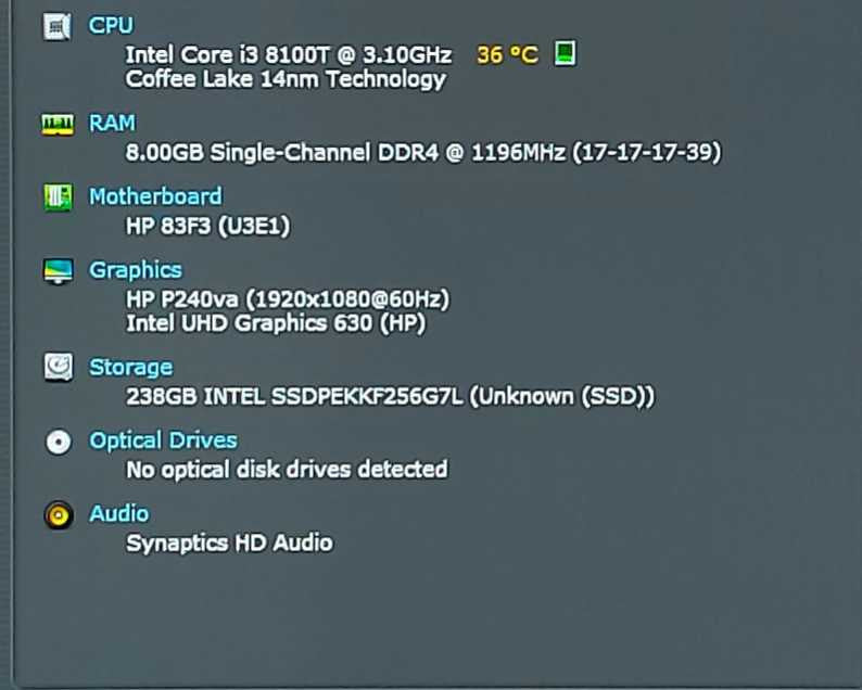 HP ProDesk 400 G4, Core i3-8100T, 8GB RAM, 256GB Nvme, WIFI, W/ PWR Adapter