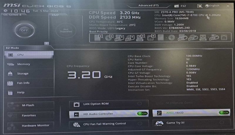 MSI Z370-A PRO Motherboard Combo | i7-8700 @ 3.20GHz 16GB DDR4 + I/O Shield )