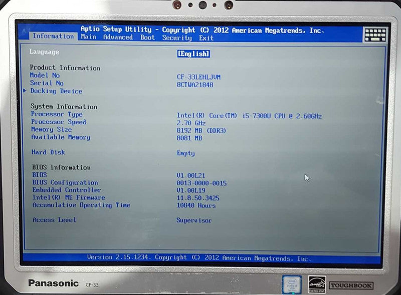 Panasonic CF-33 Toughbook, i5-7300U 2.60GHz, 8GB RAM, 10840 HRS w/Keyboard