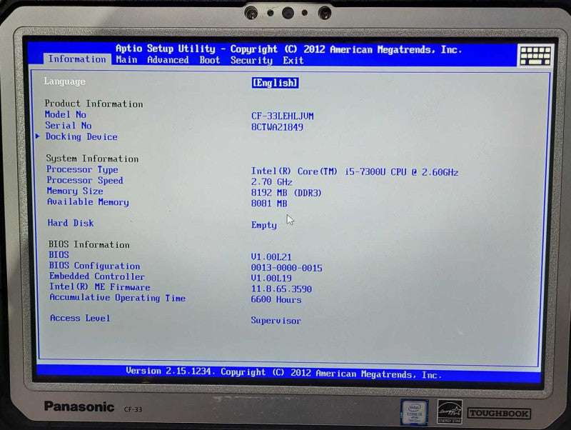 Panasonic CF-33 Toughbook, i5-7300U 2.60GHz, 8GB RAM, 6600HRS w/Keyboard