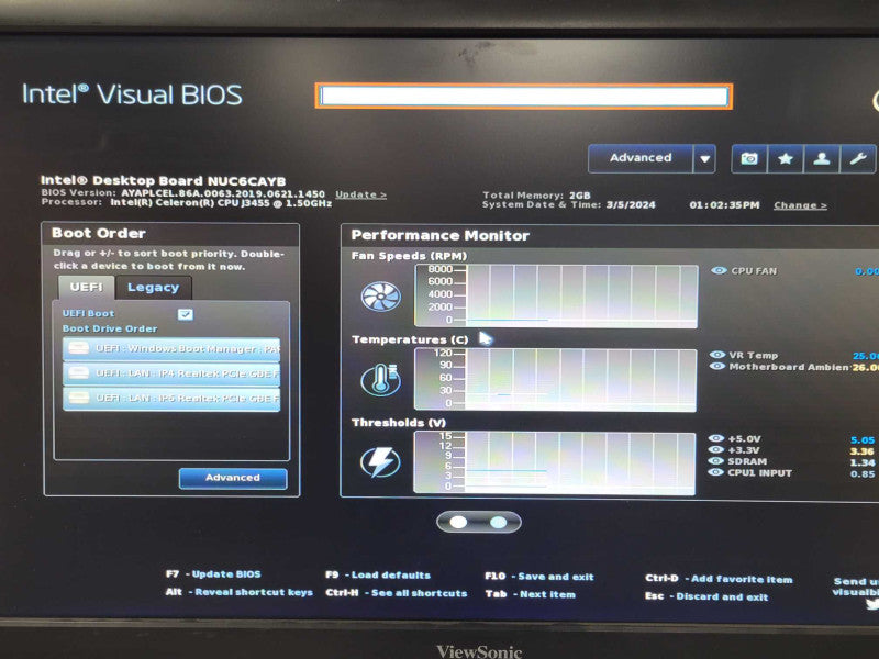 Intel NUC6CAY Mini PC, Celeron J3455 1.5GHz, 2GB RAM, 256GB SSD _