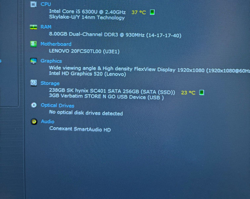 Lenovo ThinkPad X1 Carbon Intel core i5-6300U@2.4GHz 8GB RAM 256 GB SSD