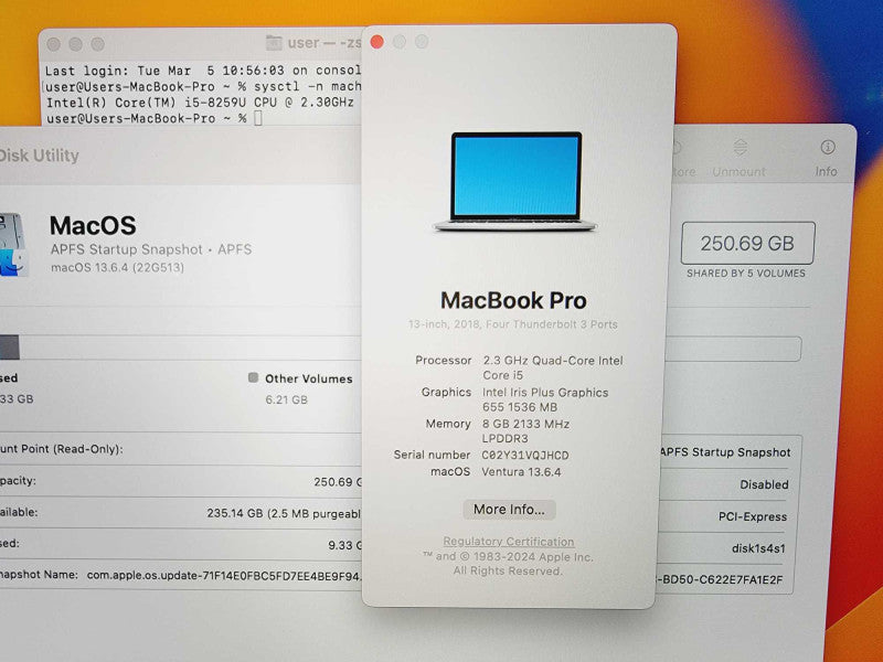 Apple Macbook Pro 2018 13\\" Core i5-8259U @ 2.3GHz 8GB DDR3 250GB SSD (
