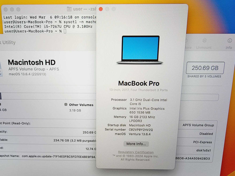 Apple Macbook Pro 2017 13\\" Core i5-7267U @ 3.1GHz 16GB DDR3 250GB SSD (