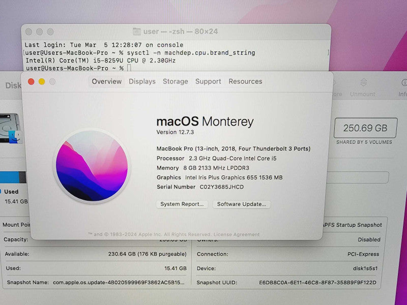 Apple Macbook Pro 2018 13\\" Core i5-8259U @ 2.3GHz 8GB DDR3 250GB SSD [Read] (