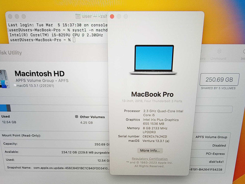 Apple Macbook Pro 2018 13\\" Core i5-8259U @ 2.3GHz 8GB DDR3 250GB SSD (