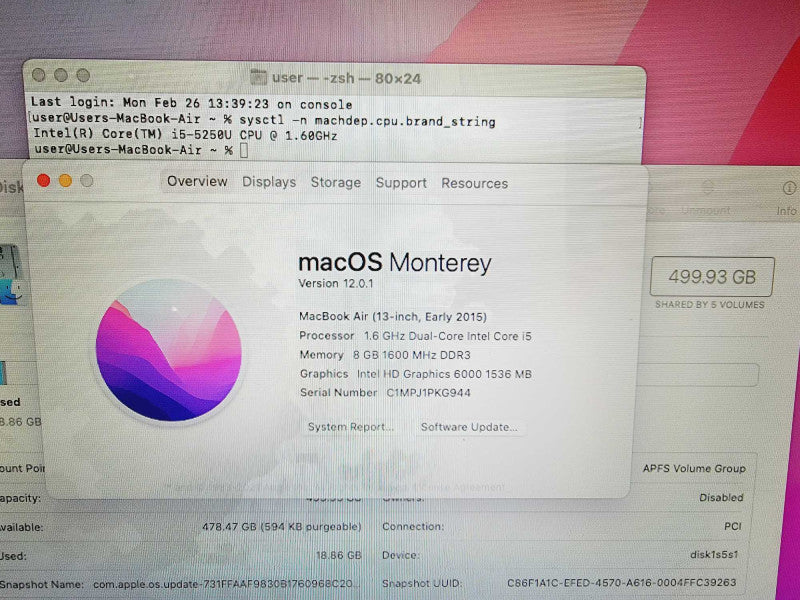 Apple Macbook Air 2015 13\\" Core i5-5250U @ 1.6GHz 8GB DDR3 500GB SSD (