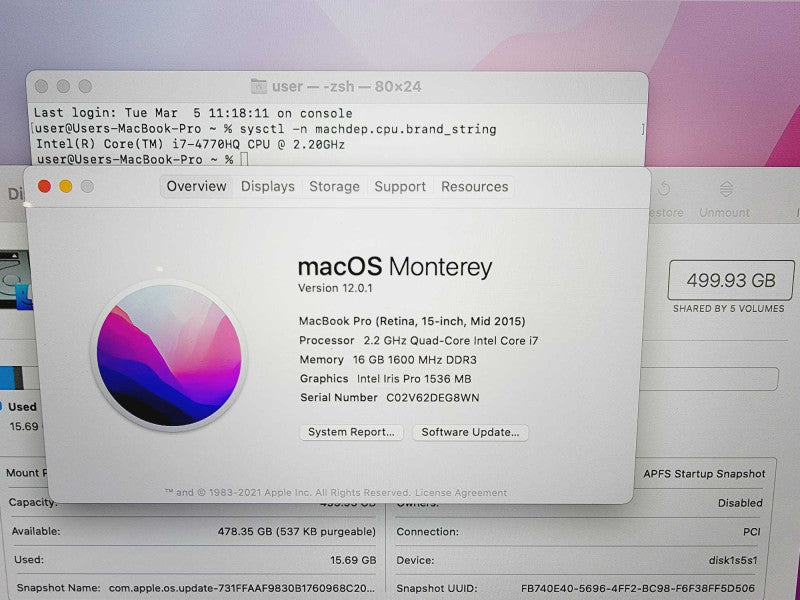 Apple Macbook Pro Retina 2015 15\\\\\\" Core i7-4770HQ @ 2.2GHz 16GB DDR3 500GB SSD (