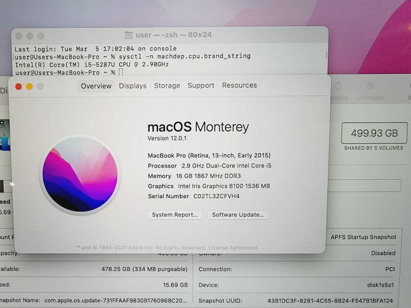 Apple Macbook Pro Retina 2015 13\\" Core i5-5287U @ 2.9GHz 16GB DDR3 500GB SSD (