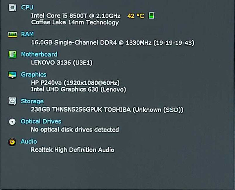 Lenovo M920q USFF Desktop, i5-8500T 2.10GHz 16GB DDR4 256GB NVMe, WiFi, w/PWR