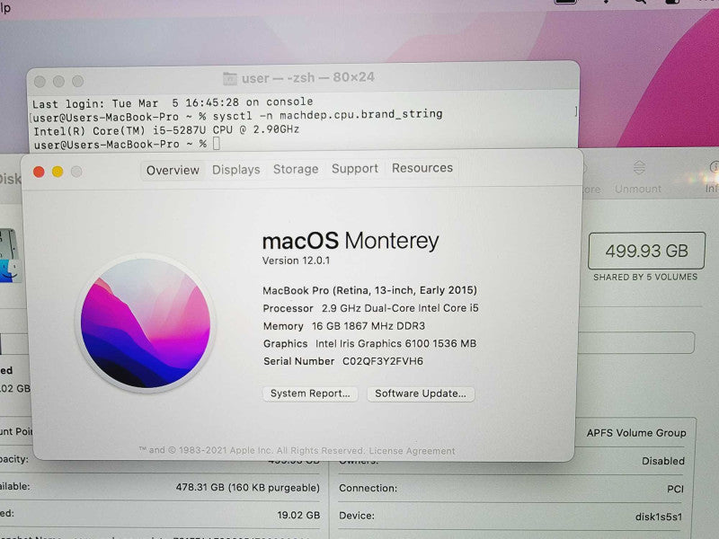 Apple Macbook Pro Retina 2015 13\\" Core i5-5287U @ 2.9GHz 16GB DDR3 500GB SSD (