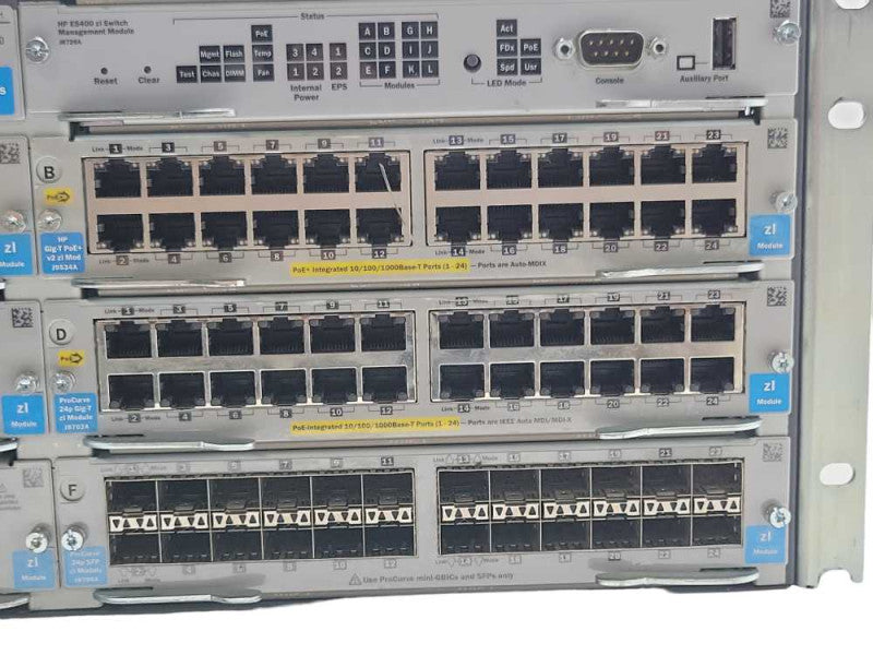 HP ProCurve E5406 zl Gigabit PoE+ Switch J8697A w/ 6x Modules, 2x PSU, READ _