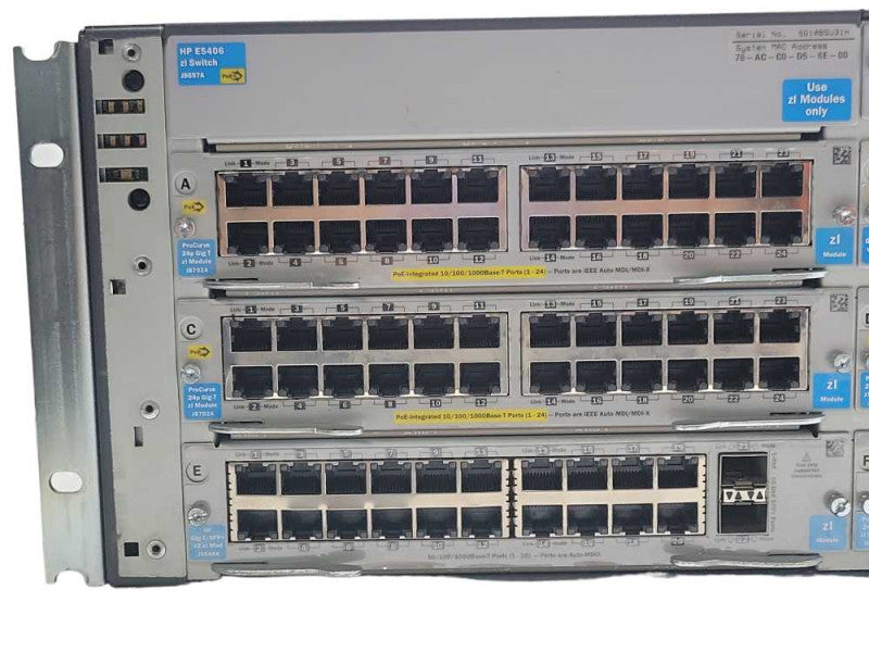 HP ProCurve E5406 zl Gigabit PoE+ Switch J8697A w/ 6x Modules, 2x PSU, READ _