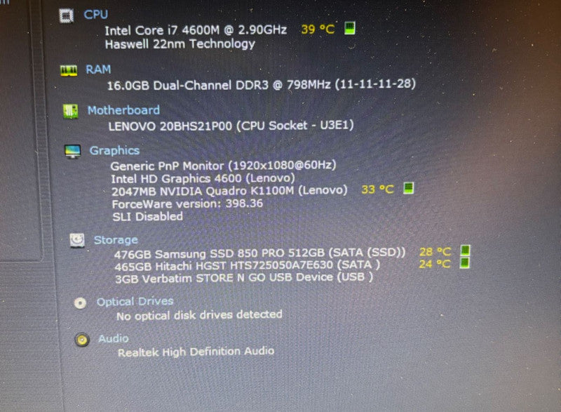 Lenovo thinkPad W540 i7-4600M@2.9GHz QUADRO K1100M 2GB GPU 16GB RAM 512GB SSD