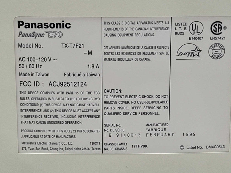 Panasonic E70 TX-T7F21 17\\" CRT Monitor _