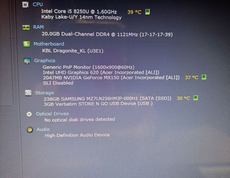Acer Aspire A517-51G i5-8250U@1.6GHz GeForce MX150 2GB GPU 20GB RAM 256GB SSD