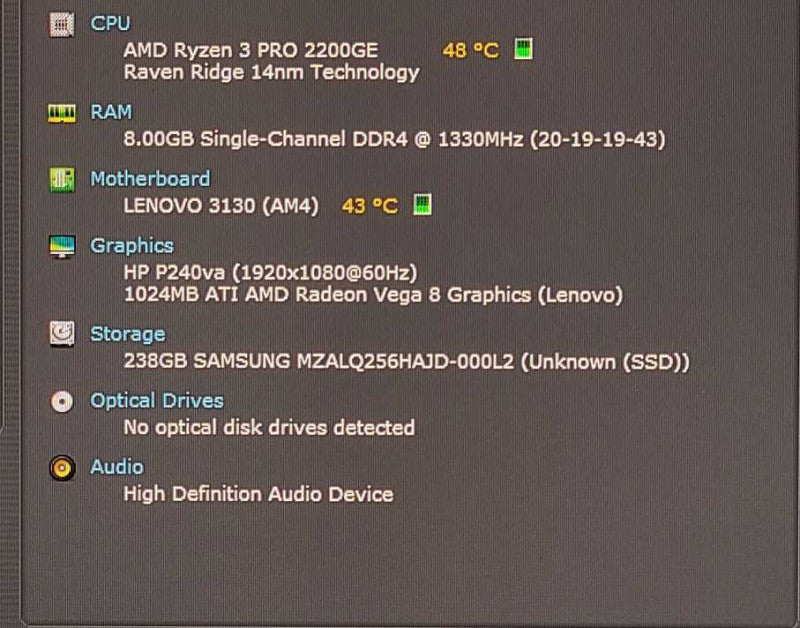 Lenovo ThinkCentre M715q, AMD Ryzen 3 PRO 2200GE, 8GB, 256GB SSD w/PWR