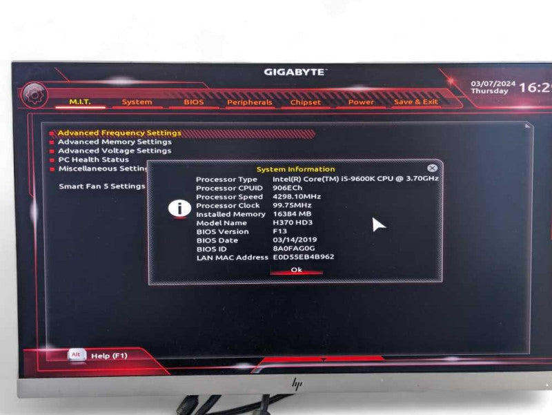 GIGABYTE H370 HD3 with Intel Core i5-9600k @ 3.70Ghz & 16GB RAM  -