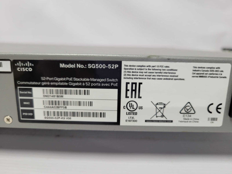 Cisco SG500-52P-K9 52-Port Gigabit PoE Managed Ethernet Switch _