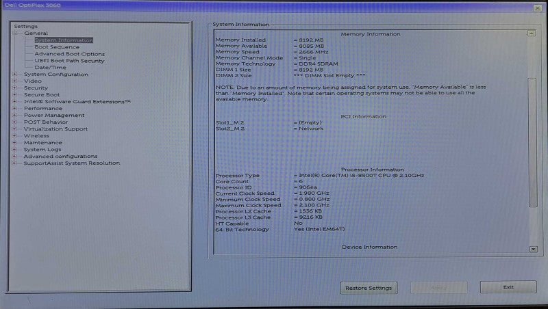 Dell OptiPlex 3060 USFF | i5-8500T @ 2.10GHz 8GB DDR4 256GB SSD )