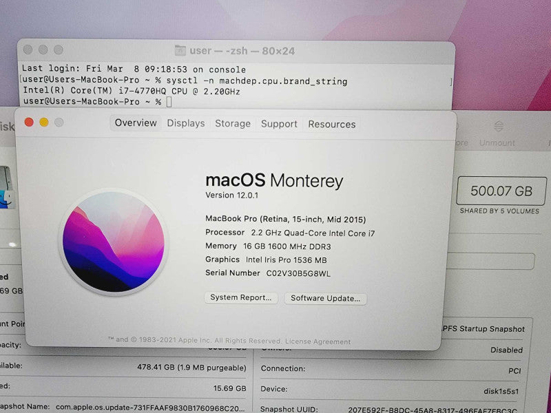 Apple Macbook Pro Retina 2015 15\\" Core i7-4770HQ @ 2.2GHz 16GB DDR3 500GB SSD (
