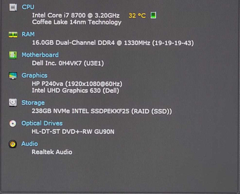 Dell Inspiron 3670 Desktop, i7-8700 3.2GHz, 16GB RAM, 256GB NVMe, WiFi