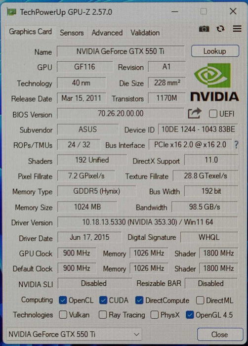 Asus Nvidia GeForce GTX 550 Ti 1 GB GDDR5 PCI Express x16 Video Card